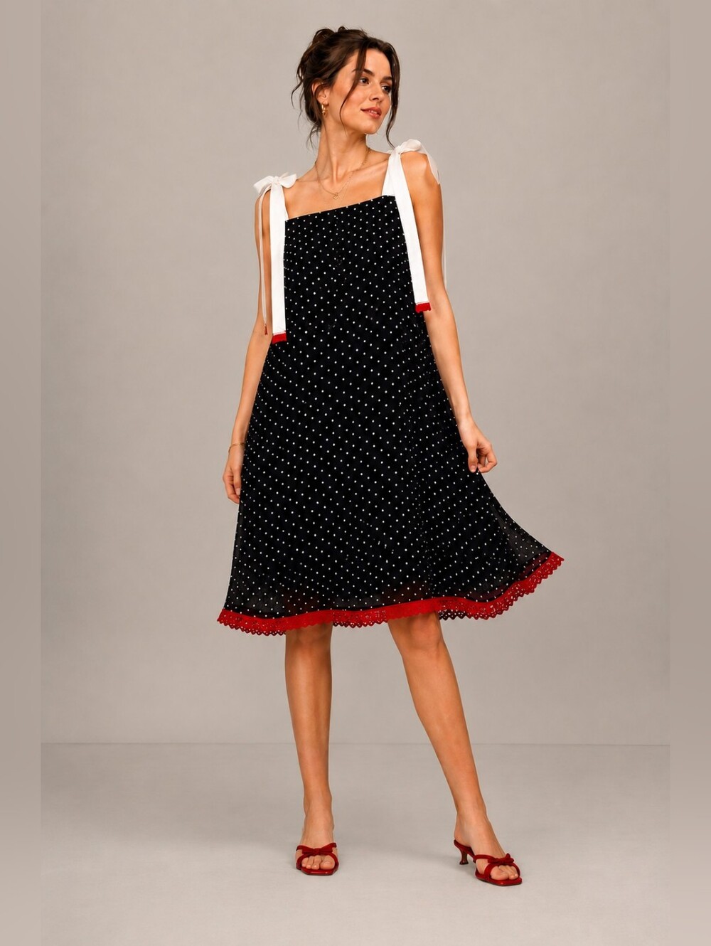 Upcycled Polka Dot Midi Dress with Vintage Red Lace Trim & Tie Straps